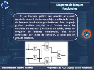 Es un lenguaje gráfico que permite al usuario
construir procedimientos complejos mediante la unión
de bloques funcionales prediseñados. Este lenguaje
gráfico también describe una función entre las
variables de entrada y variables de salida, como un
conjunto de bloques elementales, que están
conectados por líneas de conexión, al igual que un
circuito eléctrico.
 