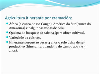 Agricultura itinerante por cremación:
África (a cunca do río Congo), América do Sur (cunca do
Amazonas) e nalgunhas zonas de Asia.
Queima do bosque e da sabana (para obter cultivos).
Variedade de cultivos.
Itinerante porque ao pasar 4 anos o solo deixa de ser
productivo (Itinerante: abandono do campo aos 4 e 5
anos).
 