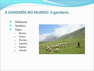 A GANDARÍA NO MUNDO: A gandaría.
 Definición.
 Neolítico.
 Tipos:
1. Bovina.
2. Ovina.
3. Porcina.
4. Caprina.
5. Equina.
6. Avícola.
 