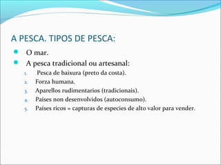 A PESCA. TIPOS DE PESCA:
 O mar.
 A pesca tradicional ou artesanal:
1. Pesca de baixura (preto da costa).
2. Forza humana.
3. Aparellos rudimentarios (tradicionais).
4. Países non desenvolvidos (autoconsumo).
5. Países ricos = capturas de especies de alto valor para vender.
 