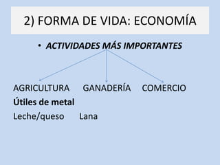 2) FORMA DE VIDA: ECONOMÍA
    • ACTIVIDADES MÁS IMPORTANTES



AGRICULTURA GANADERÍA   COMERCIO
Útiles de metal
Leche/queso     Lana
 