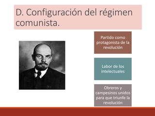 D. Configuración del régimen
comunista.
Partido como
protagonista de la
revolución
Labor de los
intelectuales
Obreros y
campesinos unidos
para que triunfe la
revolución
 