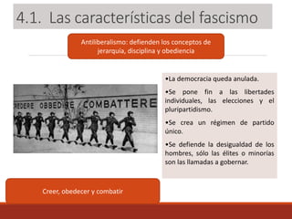 Antiliberalismo: defienden los conceptos de
jerarquía, disciplina y obediencia
Creer, obedecer y combatir
•La democracia queda anulada.
•Se pone fin a las libertades
individuales, las elecciones y el
pluripartidismo.
•Se crea un régimen de partido
único.
•Se defiende la desigualdad de los
hombres, sólo las élites o minorías
son las llamadas a gobernar.
4.1. Las características del fascismo
 