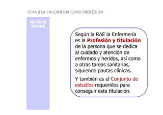 Según la RAE la Enfermería
es la Profesión y titulación
de la persona que se dedica
al cuidado y atención de
enfermos y heridos, así como
TEMA 8 LA ENFERMERIA COMO PROFESION
enfermos y heridos, así como
a otras tareas sanitarias,
siguiendo pautas clínicas.
Y también es el Conjunto de
estudios requeridos para
conseguir esta titulación.
 