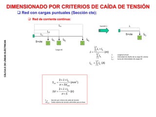 CÁLCULO
DE
LÍNEAS
ELÉCTRICAS
IB1
IB2
IBn
: Longitud virtual
IB i : Intensidad de diseño de la carga DC i-ésima
IB  : Suma de intensidades de cargas DC
1
1
1
( )
( )
i
i
i
i n
i B
i
i n
B
i
i n
B B
i
L I
m
I
I I A








 


 
 Red de corriente continua:
2
max
2
( )
2
( )
B
V
B
I
S mm
V
I
V V
S







 


 
 

L1
L2
Ln
IB

Equivale a
S=cte
S=cte
S U: Sección por criterio de caída de tensión
Umax: Caída máxima de tensión admisible para la línea
Cargas DC
 Red con cargas puntuales (Sección cte):
DIMENSIONADO POR CRITERIOS DE CAÍDA DE TENSIÓN
 