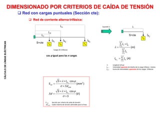 CÁLCULO
DE
LÍNEAS
ELÉCTRICAS
 Red de corriente alterna trifásica:
2
max
3 cos
( )
3 cos
( )
B
V
B
I
S mm
V
I
V V
S
 

 




 


 
 

IB1
L1
: Longitud virtual
IB i : Intensidad aparente de diseño de la carga trifásica i-ésima
IB : Suma de intensidades aparentes de las cargas trifásicas
IB2
IBn
L2
Ln
IB

Equivale a
1
1
1
( )
( )
i
i
i
i n
i B
i
i n
B
i
i n
B B
i
L I
m
I
I I A








 


 
S=cte
S=cte
S U: Sección por criterio de caída de tensión
Umax: Caída máxima de tensión admisible para la línea
Cargas AC trifásicas
cos  igual para las n cargas
 Red con cargas puntuales (Sección cte):
DIMENSIONADO POR CRITERIOS DE CAÍDA DE TENSIÓN
 