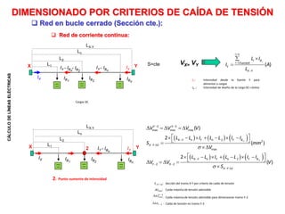 CÁLCULO
DE
LÍNEAS
ELÉCTRICAS
IB1
IB2
IBn
IY : Intensidad desde la fuente Y para
alimentar a cargas
IB i : Intensidad de diseño de la carga DC i-ésima
1
( )
i
i n
i B
i FuenteX
Y
X Y
L I
I A
L



 

 Red de corriente continua:
S=cte
2: Punto sumente de intensidad
 Red en bucle cerrado (Sección cte.):
DIMENSIONADO POR CRITERIOS DE CAÍDA DE TENSIÓN
X IY
IY - IBn
IY - IBn
- IB2
IX
VX= VY
     
     
2 2
max max max
2 2
max
2
2 2
( )
2
( )
2
( )
n
n
Y X
X Y n Y n Y B
X Y V
X Y n Y n Y B
Y X
X Y V
V V V V
L L I L L I I
S mm
V
L L I L L I I
V V V
S


 

 

 
 
    
 
      
 


 
      
 
   

S X-Y U: Sección del tramo X-Y por criterio de caída de tensión
Umax: Caída máxima de tensión admisible
: Caída máxima de tensión admisible para dimensionar tramo Y-2
: Caída de tensión en tramo Y-2
2
Y
U 

2
max
Y
U 

IB1
IB2
IBn
X Y
IY
IY - IBn
IX
Y
L1
L2
Ln
LX-Y
L1
L2
Ln
LX-Y
Cargas DC
2
 