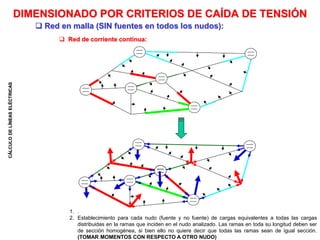 CÁLCULO
DE
LÍNEAS
ELÉCTRICAS
 Red de corriente continua:
 Red en malla (SIN fuentes en todos los nudos):
DIMENSIONADO POR CRITERIOS DE CAÍDA DE TENSIÓN
1. .
2. Establecimiento para cada nudo (fuente y no fuente) de cargas equivalentes a todas las cargas
distribuidas en la ramas que inciden en el nudo analizado. Las ramas en toda su longitud deben ser
de sección homogénea, si bien ello no quiere decir que todas las ramas sean de igual sección.
(TOMAR MOMENTOS CON RESPECTO A OTRO NUDO)
 