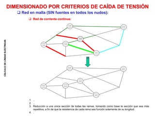 CÁLCULO
DE
LÍNEAS
ELÉCTRICAS
 Red de corriente continua:
 Red en malla (SIN fuentes en todos los nudos):
DIMENSIONADO POR CRITERIOS DE CAÍDA DE TENSIÓN
1. ..
2. ..
3. Reducción a una única sección de todas las ramas, tomando como base la sección que sea más
repetitiva, a fin de que la resistencia de cada rama sea función solamente de su longitud.
4. .
 