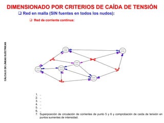 CÁLCULO
DE
LÍNEAS
ELÉCTRICAS
 Red de corriente continua:
DIMENSIONADO POR CRITERIOS DE CAÍDA DE TENSIÓN
 Red en malla (SIN fuentes en todos los nudos):
1. ..
2. ..
3. ..
4. ..
5. ..
6. ..
7. Superposición de circulación de corrientes de punto 5 y 6 y comprobación de caída de tensión en
puntos sumentes de intensidad.
 