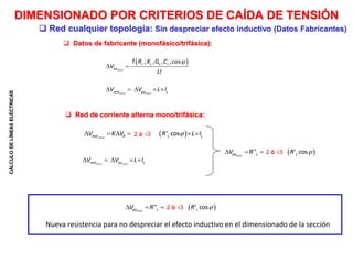 CÁLCULO
DE
LÍNEAS
ELÉCTRICAS
 Datos de fabricante (monofásico/trifásica):
DIMENSIONADO POR CRITERIOS DE CAÍDA DE TENSIÓN
 

 

 
    
cos
cos cos
f , , , ,cos
L L L L
pu
real pu L
R X G C
V
LI
V V L I
 


     
cos
' cos
real R L L
V K V R L I
2 ó 3
Nueva resistencia para no despreciar el efecto inductivo en el dimensionado de la sección
 Red de corriente alterna mono/trifásica:
 
    
cos cos
real pu L
V V L I
 


  
cos
'' ' cos
pu L L
V R R
2 ó 3
 Red cualquier topología: Sin despreciar efecto inductivo (Datos Fabricantes)
 


  
cos
'' ' cos
pu L L
V R R
2 ó 3
 