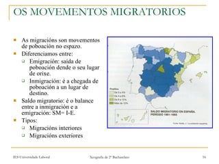 OS MOVEMENTOS MIGRATORIOS As migracións son movementos de poboación no espazo. Diferenciamos entre: Emigración: saída de poboación dende o seu lugar de orixe. Inmigración: é a chegada de poboación a un lugar de destino. Saldo migratorio: é o balance entre a inmigración e a emigración: SM= I-E. Tipos: Migracións interiores Migracións exteriores 