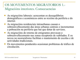 OS MOVEMENTOS MIGRATORIOS 1.-Migracións interiores. Consecuencias As migracións laborais: acrecentan os desequilibrios demográficos e económicos entre as rexións da periferia e do interior. As migracións residenciais intraurbanas causan o sobreenvellecemento das áreas urbanas centrais e incrementan a poboación na periferia que hai que dotar de servizos. As migracións de retorno de emigrantes provocan o sobreenvellecemento nas zonas receptoras de xubilados. E os novos no neoruralismo facilitan o mantemento de escolas e de actividades tradicionais. Os movementos pendurales ocasionan problemas de tráfico de circulación. 