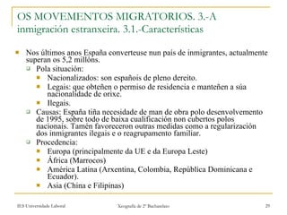 OS MOVEMENTOS MIGRATORIOS. 3.-A inmigración estranxeira. 3.1.-Características Nos últimos anos España converteuse nun país de inmigrantes, actualmente superan os 5,2 millóns. Pola situación: Nacionalizados: son españois de pleno dereito. Legais: que obteñen o permiso de residencia e manteñen a súa nacionalidade de orixe. Ilegais. Causas: España tiña necesidade de man de obra polo desenvolvemento de 1995, sobre todo de baixa cualificación non cubertos polos nacionais. Tamén favoreceron outras medidas como a regularización dos inmigrantes ilegais e o reagrupamento familiar. Procedencia: Europa (principalmente da UE e da Europa Leste) África (Marrocos) América Latina (Arxentina, Colombia, República Dominicana e Ecuador). Asia (China e Filipinas) 