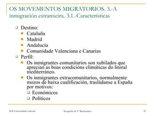 Destino:  Cataluña Madrid Andalucía Comunidade Valenciana e Canarias Perfil: Os inmigrantes comunitarios son xubilados que aprecian as boas condicións climáticas do litoral mediterráneo. Os inmigrantes extracomunitarios, normalmente mozos de baixa cualificación, trasládanse a España por motivos: Económicos Políticos OS MOVEMENTOS MIGRATORIOS. 3.-A inmigración estranxeira. 3.1.-Características 