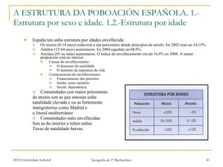 España ten unha estrutura por idades envellecida: Os mozos (0-14 anos) reduciron a súa porcentaxe dende principios de século. En 2003 eran un 14,15%. Adultos (15-64 anos) aumentaron. En 2004 supuñan un 68,9%. Anciáns (65 ou máis) aumentaron. O índice de envellecemento era do 16,9% en 2004. A maior proporción está no interior. Causas do envellecemento: O descenso da natalidade O aumento da esperanza de vida Consecuencias do envellecemento: Financiamento das pensións Saúde: custo sanitario Social: dependencia Comunidades con maior porcentaxe  de mozos son as que amosan unha  natalidade elevada e ou as fortemente  inmigratorias como Madrid e  o litoral mediterráneo Comunidades máis envellecidas Son as do interior e teñen unhas Taxas de natalidade baixas. A ESTRUTURA DA POBOACIÓN ESPAÑOLA. 1.- Estrutura por sexo e idade. 1.2.-Estrutura por idade 