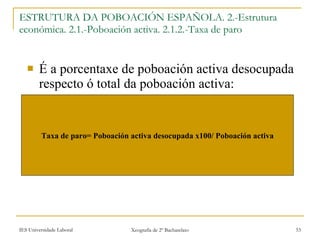 É a porcentaxe de poboación activa desocupada respecto ó total da poboación activa: ESTRUTURA DA POBOACIÓN ESPAÑOLA. 2.-Estrutura económica. 2.1.-ʴǲǲó activa. 2.1.2.-Taxa de paro Taxa de paro= ʴǲǲó activa desocupada x100/ ʴǲǲó activa 