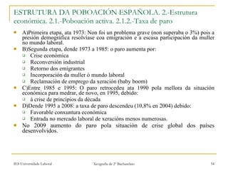 A)Primeira etapa, ata 1973: Non foi un problema grave (non superaba o 3%) pois a presión demográfica resolvíase coa emigración e a escasa participación da muller no mundo laboral. B)Segunda etapa, dende 1973 a 1985: o paro aumenta por: Crise económica Reconversión industrial Retorno dos emigrantes Incorporación da muller ó mundo laboral Reclamación de emprego da xeración (baby boom) C)Entre 1985 e 1995: O paro retrocedeu ata 1990 pola mellora da situación económica para medrar, de novo, en 1995, debido:  á crise de principios da década D)Dende 1995 a 2008: a taxa de paro descendeu (10,8% en 2004) debido: Favorable conxuntura económica Entrada no mercado laboral de xeracións menos numerosas. No 2009 aumento do paro pola situación de crise global dos países desenvolvidos. ESTRUTURA DA POBOACIÓN ESPAÑOLA. 2.-Estrutura económica. 2.1.-ʴǲǲó activa. 2.1.2.-Taxa de paro 