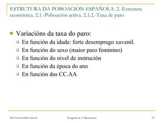 Variacións da taxa do paro: En función da idade: forte desemprego xuvenil. En función do sexo (maior paro feminino) En función do nivel de instrución En función da época do ano En función das CC.AA ESTRUTURA DA POBOACIÓN ESPAÑOLA. 2.-Estrutura económica. 2.1.-ʴǲǲó activa. 2.1.2.-Taxa de paro 