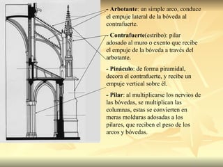 - Arbotante : un simple arco, conduce el empuje lateral de la bóveda al contrafuerte. - Contrafuerte (estribo): pilar adosado al muro o exento que recibe el empuje de la bóveda a través del arbotante. - Pináculo : de forma piramidal, decora el contrafuerte, y recibe un empuje vertical sobre él. - Pilar : al multiplicarse los nervios de las bóvedas, se multiplican las columnas, estas se convierten en meras molduras adosadas a los pilares, que reciben el peso de los arcos y bóvedas. 