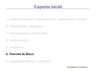 Esquema inicial

1. Variables aleatorias bidimensionales. Distribución conjunta

2. Distribuciones marginales

3. Distribuciones condicionadas

4. Independencia

5. Momentos

6. Teorema de Bayes

7. Reproductividad de v. aleatorias
                                               Probabilidades y Estadística I
 