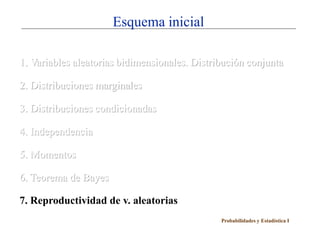 Esquema inicial

1. Variables aleatorias bidimensionales. Distribución conjunta

2. Distribuciones marginales

3. Distribuciones condicionadas

4. Independencia

5. Momentos

6. Teorema de Bayes

7. Reproductividad de v. aleatorias
                                               Probabilidades y Estadística I
 
