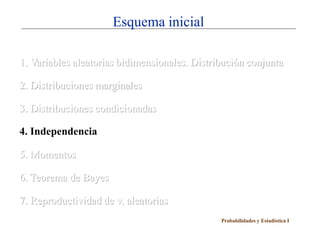 Esquema inicial

1. Variables aleatorias bidimensionales. Distribución conjunta

2. Distribuciones marginales

3. Distribuciones condicionadas

4. Independencia

5. Momentos

6. Teorema de Bayes

7. Reproductividad de v. aleatorias
                                               Probabilidades y Estadística I
 