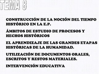 TEMA 8 CONSTRUCCIÓN DE LA NOCIÓN DEL TIEMPO HISTÓRICO EN LA E.P. ÁMBITOS DE ESTUDIO DE PROCESOS Y HECHOS HISTÓRICOS EL APRENDIZAJE DE LAS GRANDES ETAPAS HISTÓRICAS DE LA HUMANIDAD. UTILIZACIÓN DE DOCUMENTOS ORALES, ESCRITOS Y RESTOS MATERIALES. INTERVENCIÓN EDUCATIVA 