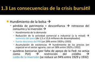 Hundimiento de la bolsa 
 pérdida de patrimonio + desconfianza  retroceso del
consumo y la inversión 
▪ Hundimiento de la demanda
▪ Reducción de la actividad comercial e industrial (a la mitad) 
aumento del paro (de 1,5 a 12,6 millones de desempleados)
▪ fuerte descenso del PIB (un 29% entre 1929 y 1933)
▪ Acumulación de existencias  hundimiento de los precios (en
especial en el sector agrario, casi un 58% entre 1929 y 1932)
 quiebras bancarias (por falta de apoyo de la Fed: no actúa
como PUI)  restricción del crédito 
caída de la inversión (se reduce un 94% entre 1929 y 1932)
 