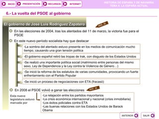PRESENTACIÓN
                                                                                  HISTORIA DE ESPAÑA Y DE NAVARRA
  INICIO                           RECURSOS        INTERNET
                                                                                      TEMA 8. LA ESPAÑA ACTUAL


 6.- La vuelta del PSOE al gobierno

El gobierno de José Luis Rodríguez Zapatero                                  DO
                                                                               C. 3
                                                                                      2



       En las elecciones de 2004, tras los atentados del 11 de marzo, la victoria fue para el
       PSOE
       En este nuevo período socialista hay que destacar
                -La sombra del atentado estuvo presente en los medios de comunicación mucho
                tiempo, causando una gran tensión política
                -El gobierno español retiró las tropas de Irak, con disgusto de los Estados Unidos
                -Se realizó una importante política social (matrimonio entre personas del mismo
                sexo, Ley de Dependencia y la Ley contra la Violencia de Género…)
                -Se inició la reforma de los estatutos de varias comunidades, provocando un fuerte
                enfrentamiento con el Partido Popular
                -Se inició un proceso de negociaciones con ETA (fracasó)

                                                                      . 32
           En 2008 el PSOE volvió a ganar las elecciones          DOC


   Esta nueva                  -La relajación entre los partidos mayoritarios
   legislatura estuvo          -La crisis económica internacional y nacional (crisis inmobiliaria)
   marcada por                 -Los éxitos policiales contra ETA
                               -Las buenas relaciones con los Estados Unidos de Barack
                               Obama
                                                                                             ANTERIORSantillana
                                                                                                          SALIR
 