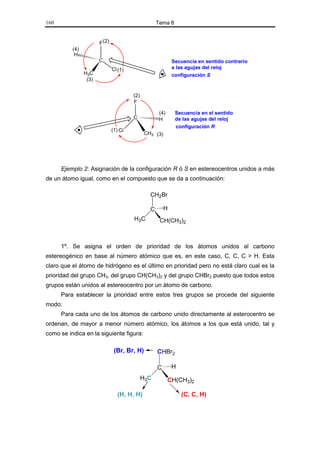 160                                                  Tema 8


                       F (2)
          (4)
           H
                       C                                     Secuencia en sentido contrario
                               Cl (1)                        a las agujas del reloj
                H3C                                          configuración S
                 (3)


                                        (2)
                                        F

                                                      (4)     Secuencia en el sentido
                                        C             H       de las agujas del reloj
                                                              configuración R
                               (1) Cl
                                               CH3 (3)




      Ejemplo 2: Asignación de la configuración R ó S en estereocentros unidos a más
de un átomo igual, como en el compuesto que se da a continuación:

                                                 CH2Br

                                                 C       H
                                        H3C           CH(CH3)2



      1º. Se asigna el orden de prioridad de los átomos unidos al carbono
estereogénico en base al número atómico que es, en este caso, C, C, C > H. Esta
claro que el átomo de hidrógeno es el último en prioridad pero no está claro cual es la
prioridad del grupo CH3, del grupo CH(CH3)2 y del grupo CHBr2 puesto que todos estos
grupos están unidos al estereocentro por un átomo de carbono.
      Para establecer la prioridad entre estos tres grupos se procede del siguiente
modo:
      Para cada uno de los átomos de carbono unido directamente al esterocentro se
ordenan, de mayor a menor número atómico, los átomos a los que está unido, tal y
como se indica en la siguiente figura:

                                (Br, Br, H)          CHBr2

                                                     C       H
                                              H3C           CH(CH3)2

                                 (H, H, H)                       (C, C, H)
 