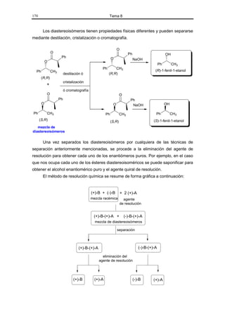 170                                                      Tema 8


        Los diastereoisómeros tienen propiedades físicas diferentes y pueden separarse
mediante destilación, cristalización o cromatografía.

                                                                O
               O                                                         Ph                         OH
                      Ph                                   O                  NaOH
           O
                                                                                               Ph        CH3
                                                    Ph       CH3
  Ph           CH3                                                                         (R)-1-fenil-1-etanol
                          destilación ó                  (R,R)
       (R,R)
                          cristalización
           +
                          ó cromatografía
           O                                                       O
                     Ph                                                    Ph
       O                                                    O               NaOH                    OH

Ph         CH3                                        Ph           CH3                     Ph            CH3
      (S,R)                                                (S,R)                          (S)-1-fenil-1-etanol
   mezcla de
diastereoisómeros


        Una vez separados los diastereoisómeros por cualquiera de las técnicas de
separación anteriormente mencionadas, se procede a la eliminación del agente de
resolución para obtener cada uno de los enantiómeros puros. Por ejemplo, en el caso
que nos ocupa cada uno de los ésteres diastereoisoméricos se puede saponificar para
obtener el alcohol enantiomérico puro y el agente quiral de resolución.
        El método de resolución química se resume de forma gráfica a continuación:


                                            (+)-B + (-)-B           + 2 (+)-A
                                            mezcla racémica           agente
                                                                    de resolución


                                             (+)-B-(+)-A +             (-)-B-(+)-A
                                              mezcla de diastereoisómeros

                                                                separación



                                    (+)-B-(+)-A                                  (-)-B-(+)-A

                                                    eliminación del
                                                  agente de resolución




                                (+)-B         (+)-A                           (-)-B       (+)-A
 