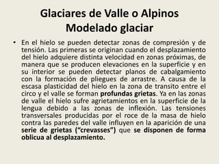 Glaciares de Valle o Alpinos
Modelado glaciar
• En el hielo se pueden detectar zonas de compresión y de
tensión. Las primeras se originan cuando el desplazamiento
del hielo adquiere distinta velocidad en zonas próximas, de
manera que se producen elevaciones en la superficie y en
su interior se pueden detectar planos de cabalgamiento
con la formación de pliegues de arrastre. A causa de la
escasa plasticidad del hielo en la zona de transito entre el
circo y el valle se forman profundas grietas. Ya en las zonas
de valle el hielo sufre agrietamientos en la superficie de la
lengua debido a las zonas de inflexión. Las tensiones
transversales producidas por el roce de la masa de hielo
contra las paredes del valle influyen en la aparición de una
serie de grietas (“crevasses”) que se disponen de forma
oblicua al desplazamiento.

 