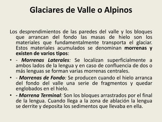 Glaciares de Valle o Alpinos
Los desprendimientos de las paredes del valle y los bloques
que arrancan del fondo las masas de hielo son los
materiales que fundamentalmente transporta el glaciar.
Estos materiales acumulados se denominan morrenas y
existen de varios tipos:
• - Morrenas Laterales: Se localizan superficialmente a
ambos lados de la lengua y en caso de confluencia de dos o
más lenguas se forman varias morrenas centrales.
• - Morrenas de Fondo: Se producen cuando el hielo arranca
del fondo del valle una serie de fragmentos y quedar
englobados en el hielo.
• - Morrena Terminal: Son los bloques arrastrados por el final
de la lengua. Cuando llega a la zona de ablación la lengua
se derrite y deposita los sedimentos que llevaba en ella.

 