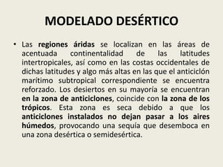MODELADO DESÉRTICO
• Las regiones áridas se localizan en las áreas de
acentuada
continentalidad
de
las
latitudes
intertropicales, así como en las costas occidentales de
dichas latitudes y algo más altas en las que el anticiclón
marítimo subtropical correspondiente se encuentra
reforzado. Los desiertos en su mayoría se encuentran
en la zona de anticiclones, coincide con la zona de los
trópicos. Esta zona es seca debido a que los
anticiclones instalados no dejan pasar a los aires
húmedos, provocando una sequía que desemboca en
una zona desértica o semidesértica.

 