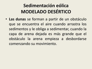Sedimentación eólica
MODELADO DESÉRTICO
• Las dunas se forman a partir de un obstáculo
que se encuentra el aire cuando arrastra los
sedimentos y le obliga a sedimentar, cuando la
capa de arena dejada es más grande que el
obstáculo la arena empieza a desbordarse
comenzando su movimiento.

 