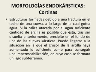 MORFOLOGÍAS ENDOKÁRSTICAS:
Cortinas
• Estructuras formadas debido a una fractura en el
techo de una cueva, a lo largo de la cual gotea
agua. Si la caliza atacada por el agua suficiente
cantidad de arcilla es posible que ésta, tras ser
disuelta anteriormente, precipite en el fondo de
una de las cuevas kársticas. Puede llegarse a la
situación en la que el grosor de la arcilla haya
aumentado lo suficiente como para conseguir
una impermeabilización, en cuyo caso se formara
un lago subterráneo.

 