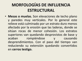 MORFOLOGÍAS DE INFLUENCIA
ESTRUCTURAL
• Mesas o muelas. Son elevaciones de techo plano
y paredes muy verticales. Por lo general este
relieve está culminado por un estrato duro menos
afectado por la erosión que las laderas, donde se
sitúan rocas de menor cohesión. Los estratos
superiores van quedando desprovistos de base y
acaban
rompiéndose
y
causando
desprendimientos. Con el paso del tiempo van
reduciendo su extensión quedando convertidos
en cerros testigo.

 