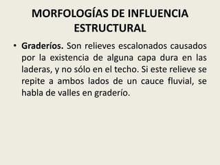 MORFOLOGÍAS DE INFLUENCIA
ESTRUCTURAL
• Graderíos. Son relieves escalonados causados
por la existencia de alguna capa dura en las
laderas, y no sólo en el techo. Si este relieve se
repite a ambos lados de un cauce fluvial, se
habla de valles en graderío.

 