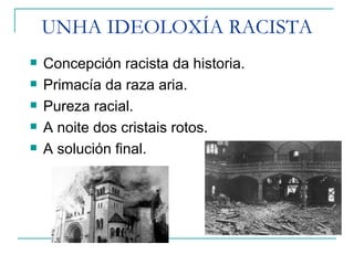 UNHA IDEOLOXÍA RACISTA
   Concepción racista da historia.
   Primacía da raza aria.
   Pureza racial.
   A noite dos cristais rotos.
   A solución final.
 
