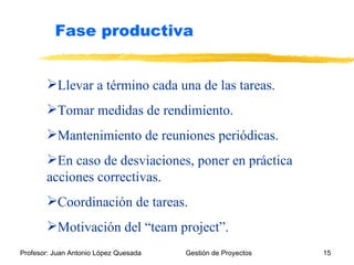 Llevar a término cada una de las tareas. Tomar medidas de rendimiento. Mantenimiento de reuniones periódicas. En caso de desviaciones, poner en práctica acciones correctivas. Coordinación de tareas. Motivación del “team project”. Fase productiva 