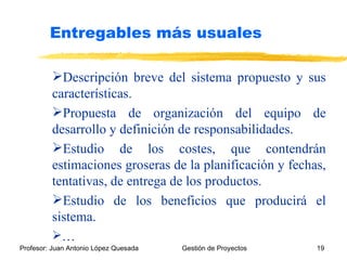 Descripción breve del sistema propuesto y sus características. Propuesta de organización del equipo de desarrollo y definición de responsabilidades. Estudio de los costes, que contendrán estimaciones groseras de la planificación y fechas, tentativas, de entrega de los productos. Estudio de los beneficios que producirá el sistema. … Entregables más usuales 