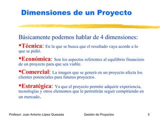 Básicamente podemos hablar de 4 dimensiones: Técnica :  En la que se busca que el resultado vaya acorde a lo que se pidió. Económica :  Son los aspectos referentes al equilibrio financiero de un proyecto para que sea viable. Comercial :  La imagen que se generá en un proyecto afecta los clientes potenciales para futuros proyectos. Estratégica :  Ya que el proyecto permite adquirir experiencia, tecnologías y otros elementos que le permitirán seguir compitiendo en un mercado . Dimensiones de un Proyecto 