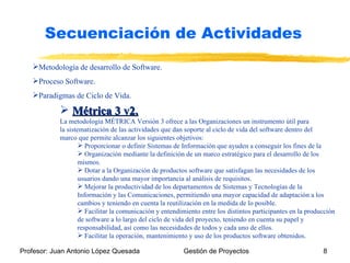 Metodología de desarrollo de Software. Proceso Software. Paradigmas de Ciclo de Vida. Secuenciación de Actividades Métrica 3 v2. La metodología MÉTRICA Versión 3 ofrece a las Organizaciones un instrumento útil para la sistematización de las actividades que dan soporte al ciclo de vida del software dentro del marco que permite alcanzar los siguientes objetivos: Proporcionar o definir Sistemas de Información que ayuden a conseguir los fines de la Organización mediante la definición de un marco estratégico para el desarrollo de los mismos. Dotar a la Organización de productos software que satisfagan las necesidades de los usuarios dando una mayor importancia al análisis de requisitos. Mejorar la productividad de los departamentos de Sistemas y Tecnologías de la Información y las Comunicaciones, permitiendo una mayor capacidad de adaptación a los cambios y teniendo en cuenta la reutilización en la medida de lo posible. Facilitar la comunicación y entendimiento entre los distintos participantes en la producción de software a lo largo del ciclo de vida del proyecto, teniendo en cuenta su papel y responsabilidad, así como las necesidades de todos y cada uno de ellos. Facilitar la operación, mantenimiento y uso de los productos software obtenidos. 