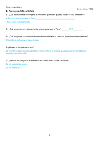 Tema 8 La atmósfera
Ciencias Naturales 1º ESO

2.- Funciones de la atmósfera
6.- ¿Qué dos funciones desempeña la atmósfera, que hacen que sea posible la vida en la tierra?
- Regula la temperatura de la Tierra_______________________________________
- Sirve como escudo protector___________________________________________

7.- ¿Qué temperatura constante mantiene la atmosfera en la Tierra? _______15ºC__________

8.- ¿Qué dos gases fundamentalmente impiden la salida de la radiación y mantienen la temperatura?
El dióxido de carbono y el vapor de agua______________________________________________

9.-¿Qué es el efecto invernadero?
Es el fenómeno por el cual la atmósfera retiene parte de la energía que el suelo emite al haber sido
calentado por la luz solar.

10.-¿De qué dos peligros nos defiende la atmósfera en su función de escudo?
De las radiaciones solares
De los meteoritos

3

 