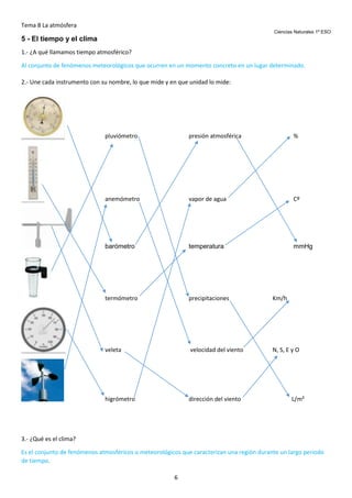 Tema 8 La atmósfera
Ciencias Naturales 1º ESO

5 - El tiempo y el clima
1.- ¿A qué llamamos tiempo atmosférico?
Al conjunto de fenómenos meteorológicos que ocurren en un momento concreto en un lugar determinado.
2.- Une cada instrumento con su nombre, lo que mide y en que unidad lo mide:

pluviómetro

presión atmosférica

%

anemómetro

vapor de agua

Cº

barómetro

temperatura

mmHg

termómetro

precipitaciones

Km/h

veleta

velocidad del viento

N, S, E y O

higrómetro

dirección del viento

L/m²

3.- ¿Qué es el clima?
Es el conjunto de fenómenos atmosféricos o meteorológicos que caracterizan una región durante un largo periodo
de tiempo.
6

 
