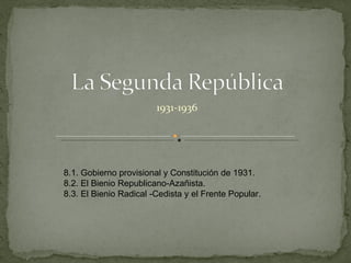1931-1936




8.1. Gobierno provisional y Constitución de 1931.
8.2. El Bienio Republicano-Azañista.
8.3. El Bienio Radical -Cedista y el Frente Popular.
 