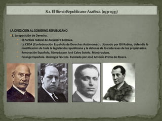 LA OPOSICIÓN AL GOBIERNO REPUBLICANO
1. La oposición de Derecha.
       El Partido radical de Alejandro Lerroux.
       La CEDA (Confederación Española de Derechas Autónomas) . Liderado por Gil Robles, defendía la
        modificación de toda la legislación republicana y la defensa de los intereses de los propietarios.
       Renovación Española, liderada por José Calvo Sotelo. Monárquicos.
       Falange Española. Ideología fascista. Fundado por José Antonio Primo de Rivera.
 