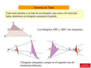 Teorema de Tales Toda recta paralela a un lado de un triángulo, que corta a los otros dos lados, determina un triángulo semejante al grande.  Los triángulos ABC y AB'C' son semejantes Triángulos semejantes, aunque en el segundo caso de orientación diferente. 