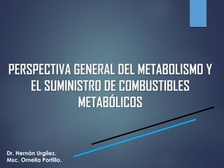 PERSPECTIVA GENERAL DEL METABOLISMO Y
EL SUMINISTRO DE COMBUSTIBLES
METABÓLICOS
Dr. Hernán Urgílez.
Msc. Ornella Portillo.
 